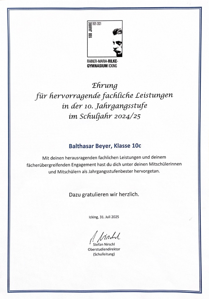 Ehrenurkunde Jahrgangsstufenbester – Balthasar Beyer, Rainer-Maria-Rilke-Gymnasium Icking 2024/25
